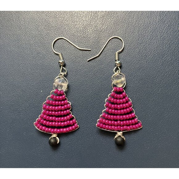 Beaded Fuscia Tree Earrings Holiday Christmas Winter Earrings - Picture 5 of 5